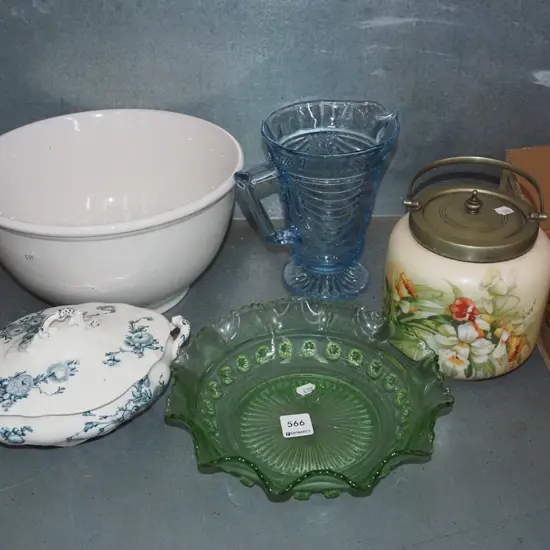green glass bowl, blue glass jug, biscuit barrel, small soup tureen