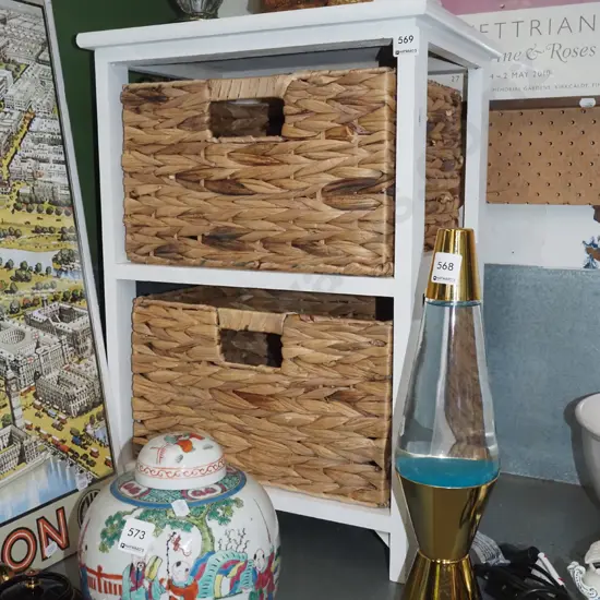 small wooden chest, 2 seagrass baskets H-565