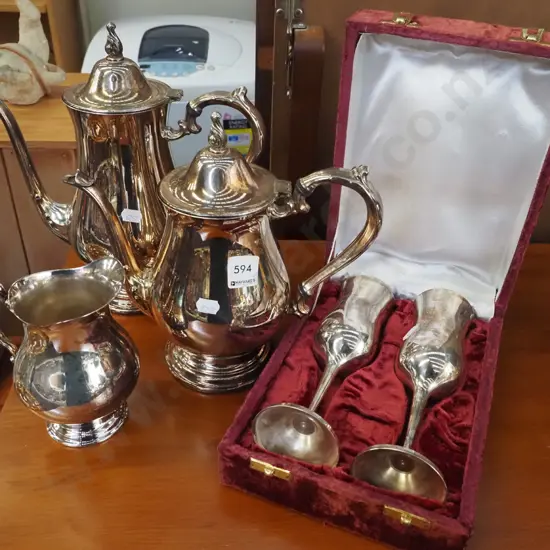 plated coffee pot, teapot, creamer, 2 cased goblets