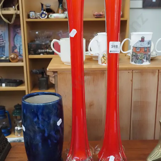 blue ceramic vase, 2x tall red glass vases H-400