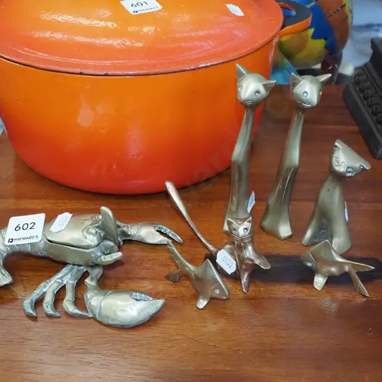brass lobster ashtray, cat figurines