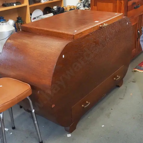 large deco oak veneer blanket box with lower drawer - some damage to face H-760 W-1230 D-510