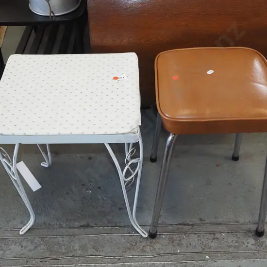 vinyl top stool, retro bent metal based end table - red dots