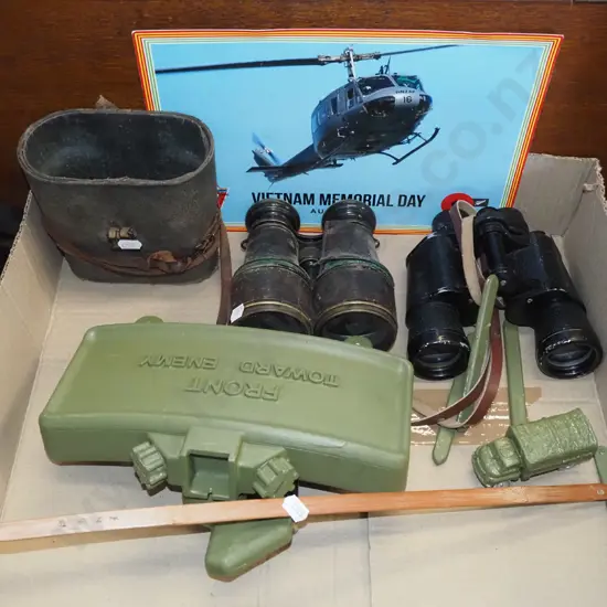 box; binoculars, helicopter print on tin, model Claymore mine