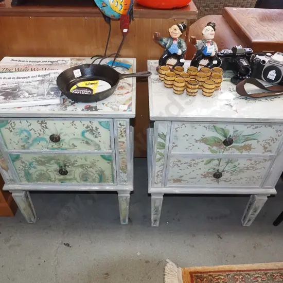 pair of 2 drawer bedside cabinets with French themed botanical mirrored print finish