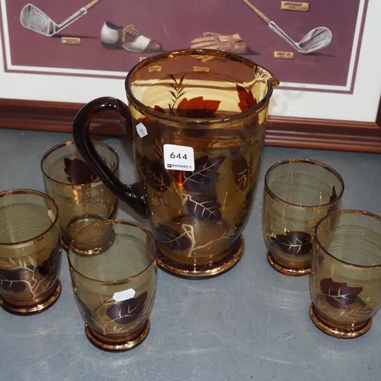 amber glass and gold grape patterned water jug and 4 tumblers
