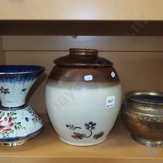 brass jardiniere, storage canister, hand painted Dutch vase