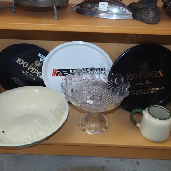 large enamel bowl, glass comport, plastic trays, enamel teapot - no lid