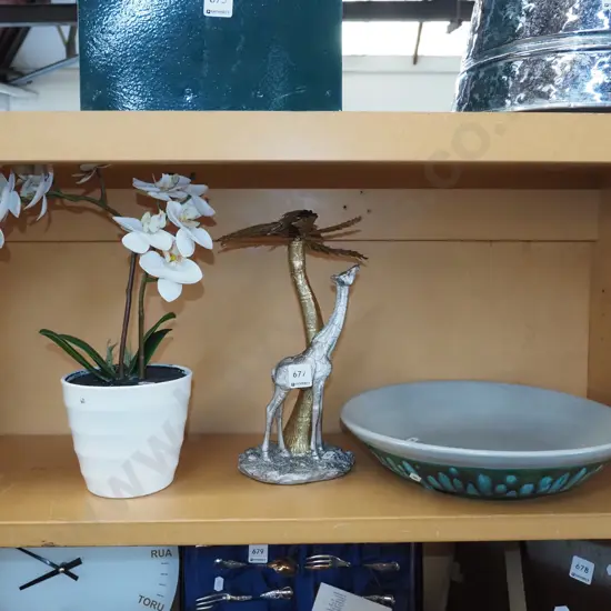 large studio pottery bowl, faux orchids, giraffe ornament