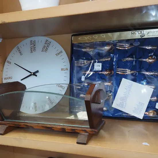 wall clock, glass fruit bowl, cutlery set