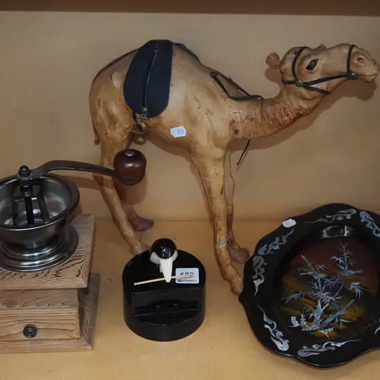 camel figurine, coffee mill, novelty toothpick dispenser, mother of pearl inlay tray