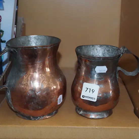 2x arts and craft style beaten copper and pewter tankards H-120