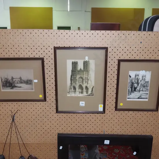 3x etchings - European scenes - yellow dots