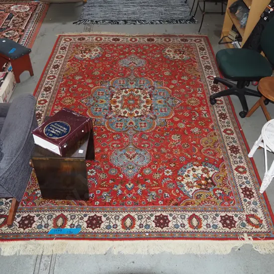 red and blue patterned woollen floor mat - slight wear L-3000 W-2000