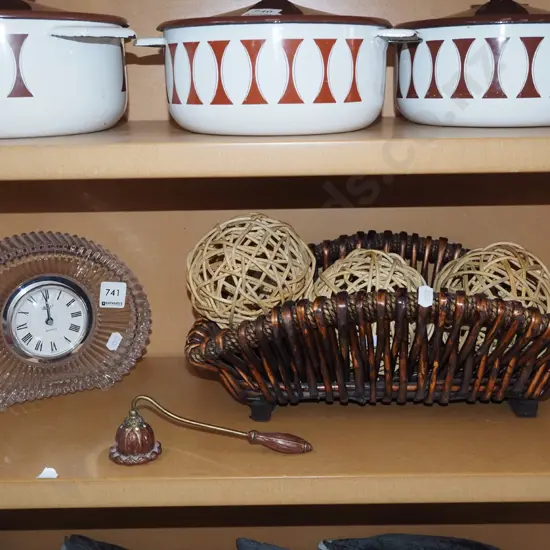 candle snuffer, crsytal mantle clock, cane basket etc