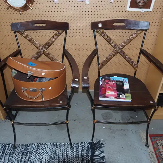 2x metal, wood and cane armchairs