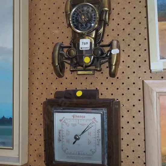 car themed barometer, oak cased barometer