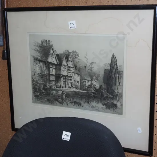 framed etching - Tudor houses - staining to mat