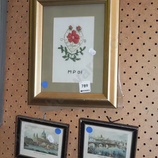framed needlework, 2x very small London prints - blue dots