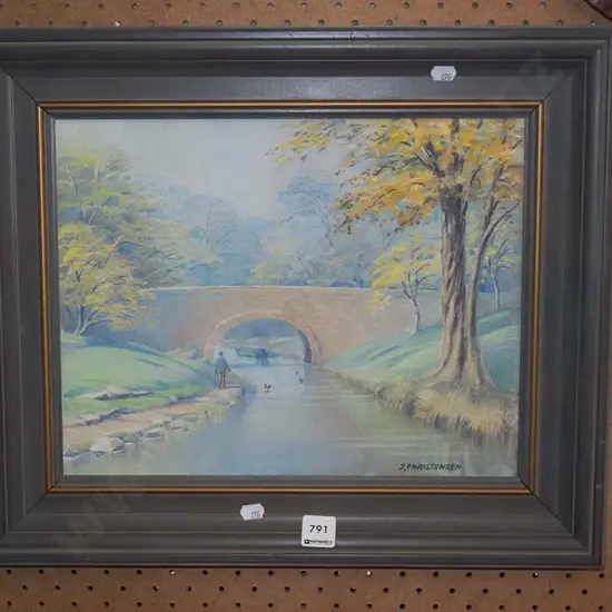 framed oil on board - canal boat and bridge