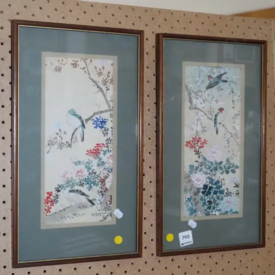 2x small framed watercolours on silk - birds - 1 has significant foxing