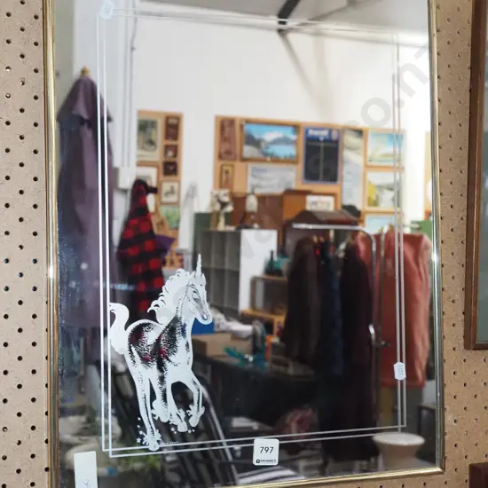 brass framed unicorn mirror H-510 W-400