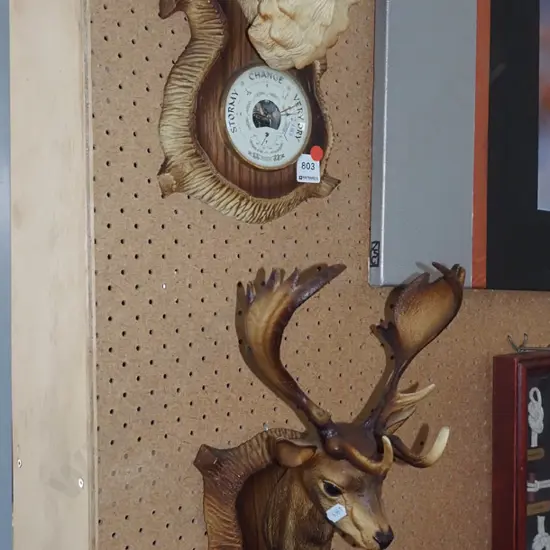 2x plastic animal themed barometers - goat, stag - red dots