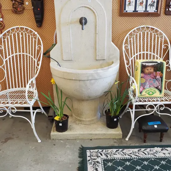 2x white wrought metal outdoor chairs