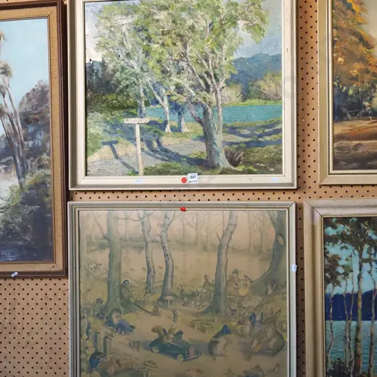 framed oil - tress and pond, faded childs print - red dots