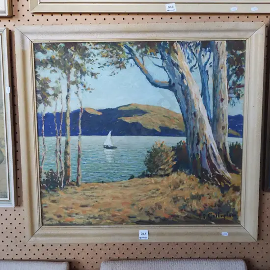 framed oil - trees and lake scene