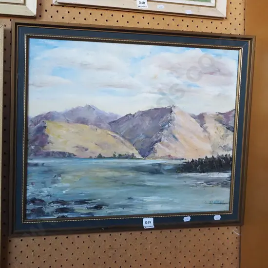 TF Gallagher framed oil - lake and mountain scene - needs a clean