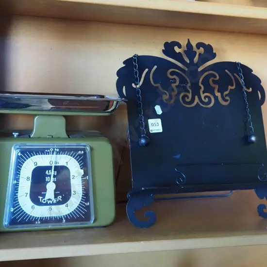 kitchen scales, metal cookbook stand