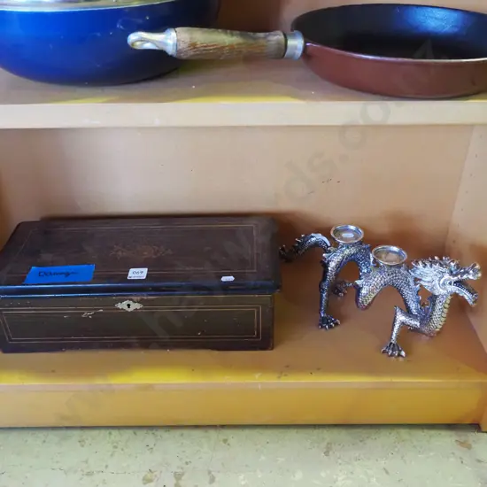marquetry jewellery box - some damage, dragon themed candelabra
