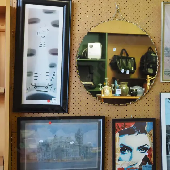 3x framed prints -cat on skateboard, law courts, portrait - red dots