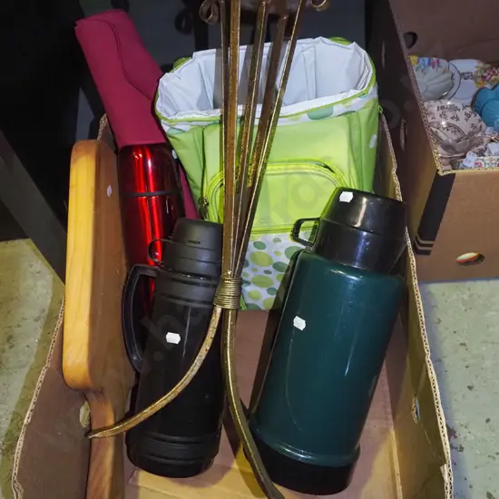 box; tall metal candlesticks, thermoses, picnic backpack etc