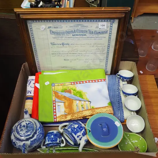 box; tea towels, part miniature tea set etc