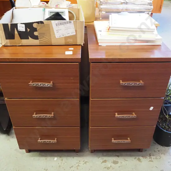 pair of pine and faux wood 3 drawer bedside cabinets