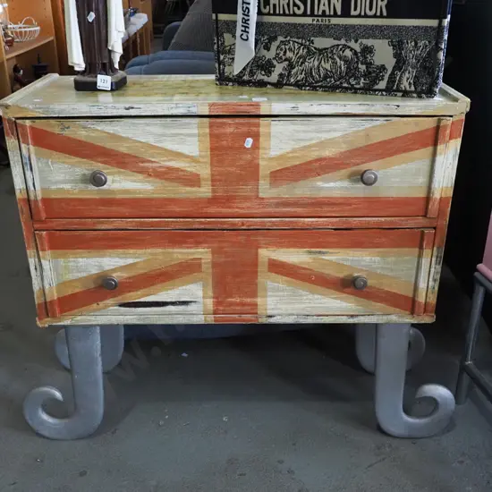 unusual decorated 2 door chest with curved metal legs - distressed union jack on front