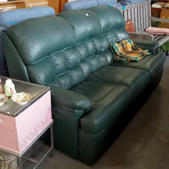 green leather 3 seater settee - slight scratches, signs of aging