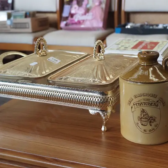 plated ware and glass dual lidded vege, stoneware cider bottle - broken cork