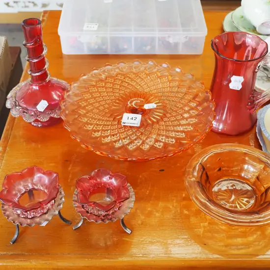 ruby glass candlesticks, cake plate, bowl etc