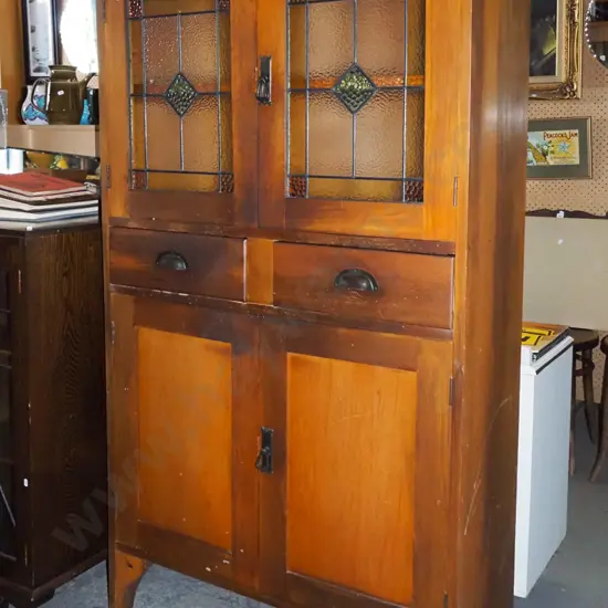Edwardian kitchen cabinet with 2 solid doors and 2 leadlight doors - crack to 1 pane H1570 W910 D390