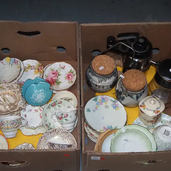 2x boxes; espresso maker, tea cups, plates etc - red dots