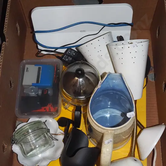 box; modem, stamps, jug, light fittings etc