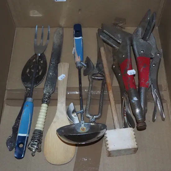 box; kitchen utensils, welders clamps