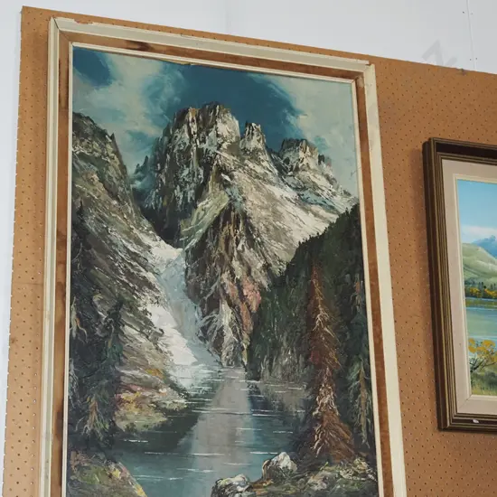 framed oil - mountain and river scene - framing needs attention