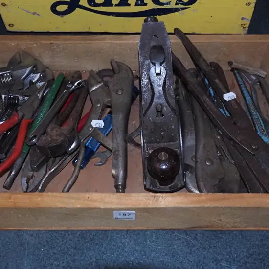 wooden tray and held tools; crescents, tin snips etc