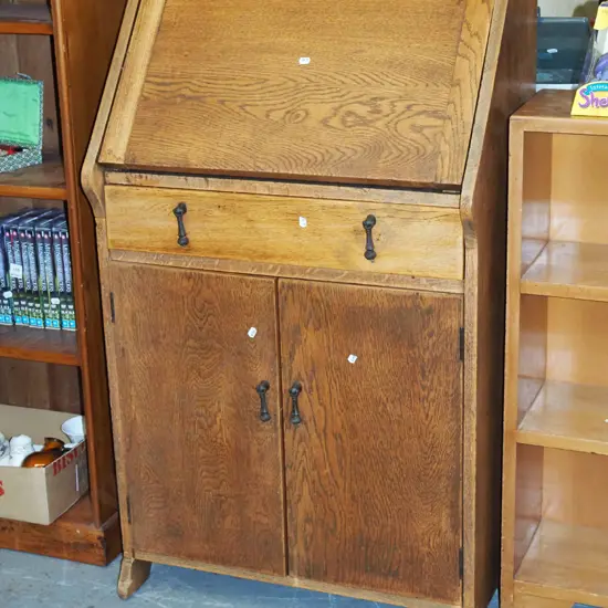 oak drop front 2 door 1 drawer writing desk H1120 W635 D400