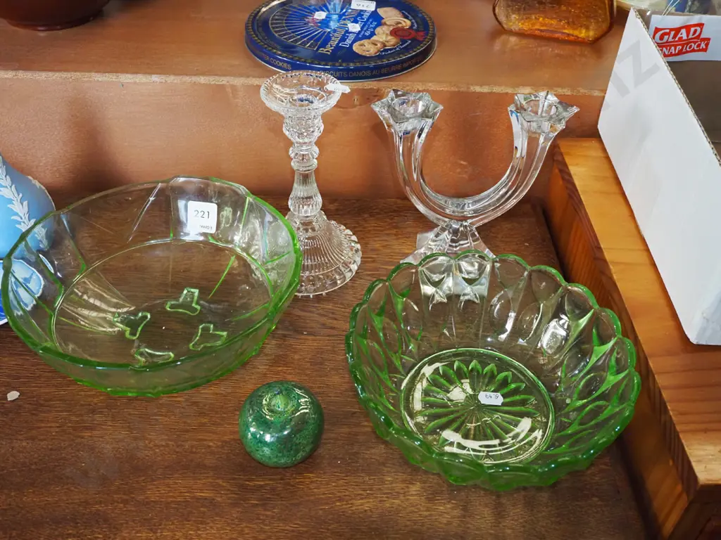 2x green depression glass bowl, glass apple, candlesticks Image 1++