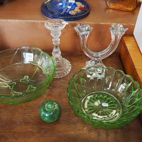 2x green depression glass bowl, glass apple, candlesticks